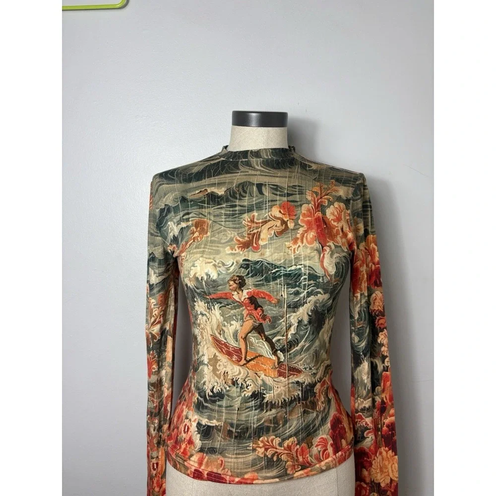 The Kit Women's Boho Artsy Women's S Long Sleeve Vintage Inspired Red Surfer Top - Picture 2 of 10